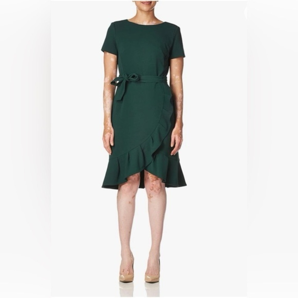 Calvin Klein Tie Waist Ruffle Hem Dress, Green size 6
